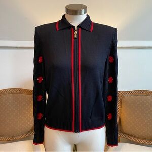 St. John Navy Blue Knit Zip Up Blazer Jacket Cardigan with Red Trim Details, S/M